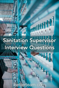 a woman is talking to another person in a room with blue metal shelving and the words sanitation supervisor interview questions