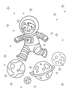 an astronaut floating in space with planets and stars around him, coloring page for kids