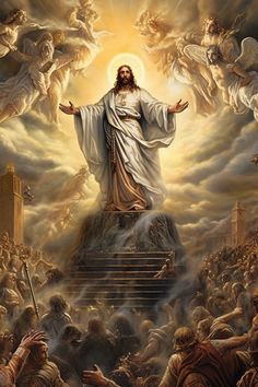 jesus standing on the top of a mountain surrounded by angels and other people, with his arms wide open