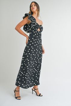 One Shoulder Polka Dot Dress SELF: 100% POLYESTER LINING: 92% POLYESTER 8% SPANDEX • Available in Small, Medium, and Large Black And White Polka Dot Dress, Vivian Dress, Red Polka Dot Dress, Shoe Ideas, Dot Print Dress, Prom Suits, Maxi Dress Black, Dress Inspiration, Holiday Dress