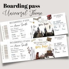 harry potter boarding pass with hogwarts castle in the background and text that reads boarding pass universal theme park