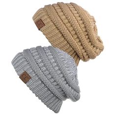 two knitted beanies sitting next to each other