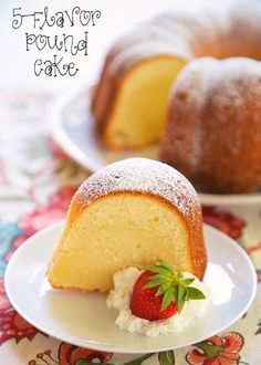 a white plate topped with a bundt cake next to a slice of strawberry pound cake