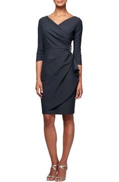 A cocktail dress tailored for a smooth and slim fit enchants with a gathered-and-draped skirt that ends with a sparkling, beaded embellishment at the side. 38" length (size 8) Back zip closure V-neck Bra friendly Three-quarter sleeves Unlined 78% nylon, 22% spandex Hand wash, dry flat Imported Women's Clothing Short Sheath Dress, Ruffle Beading, Alex Evenings, Draped Skirt, فستان سهرة, Dress Purchase, Ruffle Skirt, Petite Size, Nordstrom Dresses