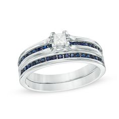 Sparkling and colorful, this diamond bridal set makes a sophisticated statement. Created in sterling silver, the engagement ring showcases a 1/6 ct. princess-cut diamond center stone in a stylish cathedral setting. Shimmering lab-created blue sapphires are channel set into the ring's shank, adding a brilliant contrast. On your wedding day, the coordinating blue sapphire-lined wedding band completes the ensemble. Custom made to fit her ring size. Sterling silver rings cannot be resized after purc Princess Cut Sapphire Diamond Wedding Ring, Princess Cut Sapphire Ring With Diamond For Wedding, Princess Cut Sapphire Ring For Wedding, Wedding Sapphire Diamond Ring Princess Cut, Wedding Princess Cut Sapphire Ring With Brilliant Cut, Princess Cut Sapphire Ring With Brilliant Cut For Wedding, Wedding Sapphire Ring With Brilliant Princess Cut, Wedding Sapphire Ring With Princess Cut Brilliant Diamond, Sapphire Princess Cut Diamond Wedding Ring