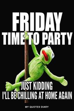 a green frog holding a pole with the caption friday time to party just kidding i'll be chilling at home again