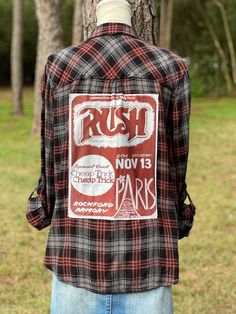 Black, maroon and gray plaid flannel has been upcycled with a sewn on graphic tee featuring a "band poster" for Rush and Cheap Trick!  Size: Women's Small Not an official licensed product of Rush or Cheap Trick. Band Poster, Cheap Trick, Go Your Own Way, Womens Blouses, Boho Shirts, Band Posters, Gray Plaid, Special Guest, Plaid Flannel