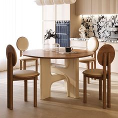 a dining room table with chairs and a vase on the table next to an oven