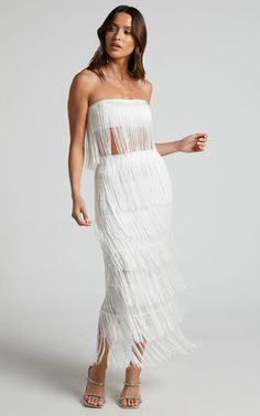 Amalee Fringe Strapless Crop Top and Midi Skirt Two Piece Set in White | Showpo USA Hens Weekend, Abba Outfits, Crop Top And Midi Skirt, Crop Top Blanco, 1920s Theme, Bachelorette Inspo, Art Disco, Midaxi Skirt, Fringe Crop Top