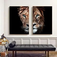 two pictures of lions on the wall in a living room