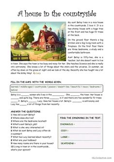 a house in the countryside worksheet with answers and answer sheet for grade 1