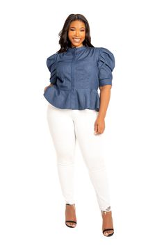 Buxom Couture Curvy Women Plus Size Ruched Sleeve Denim Peplum Blouse Fitted Medium Wash Denim Top With Puff Sleeves, Medium Wash Fitted Denim Top With Puff Sleeves, Spring Fitted Denim Top With Puff Sleeves, Fitted Denim Top With Puff Sleeves For Spring, Fitted Puff Sleeve Denim Top For Spring, Casual Fitted Peplum Top With Ruffle Sleeves, Fitted Denim Top With Puff Sleeves, Casual Cotton Peplum Top With Puff Sleeves, Fitted Denim Blue Puff Sleeve Top