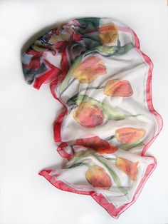 Tulips silk scarf hand painted. Floral silk chiffon scarf in red and orange. Spring fashion scarf. Blossomed tulips scarf. Birthday gift for mom. Anniversary gift idea. Light chiffon scarf with big tulips. more floral scarves you can find here: https://www.etsy.com/shop/klaradar/search?search_query=floral&order=date_desc&view_type=gallery&ref=shop_search Go back to my shop: http://www.etsy.com/shop/klaradar?ref=seller_info Silk scarves by me; http://www.etsy.com/shop/klaradar?section Red Scarf For Spring Gift, Red Scarf As A Spring Gift, Red Scarves As Spring Gifts, Red Scarves For Spring Gifts, Red Floral Print Silk Scarf As Gift, Red Floral Print Silk Scarf As A Gift, Floral Scarves, Silk Chiffon Scarves, Velvet Scarf