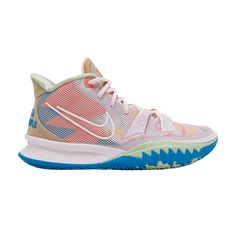 Find NIKE Kyrie 7 Ep '1 World 1 People Regal on Editorialist. The ‘Regal Pink’ colorway of the Nike Kyrie 7 EP ‘1 World 1 People’ makes use of an extra-durable two-tone rubber outsole designed for play on outdoor courts. A soft pink finish is applied to the full-length foam midsole, fitted with a large Air Zoom Turbo unit in the forefoot. Up top, the open mesh build reveals a patterned textile underlay in assorted pastel hues. The beige canvas heel panel features Kyrie Irving’s ‘11’ jersey number, with the individual numerals integrated into the shoe’s unifying tagline, ‘1 World 1 People.’ 11 Jersey Number, Numbers Spelling, Kyrie Basketball, Kyrie Irving Shoes, Kyrie 7, Nike Volleyball, Kyrie Irving, Nike Kyrie, Volleyball Shoes