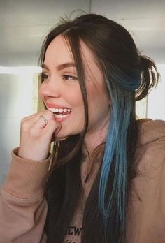 Brunette With Blue Peekaboo, Hair Color For Side Part, Under Streaks Hair, Hair Coloring Underneath, Subtle Blue Highlights In Brown Hair, Peekaboo Colored Hair, Edge Hair Color, Blue Under Highlights, Under Pieces Dyed Hair