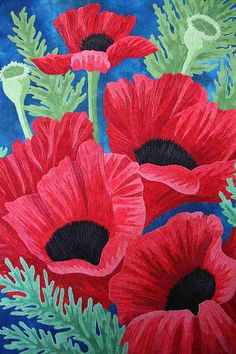 a painting of red poppies with green stems and leaves on a dark blue background