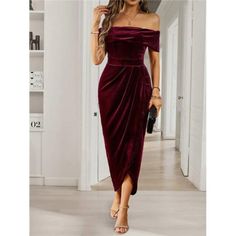 -Item Id 23101765 -Color: Burgundy -Pattern Type: Plain -Type: Fitted -Details: Ruched, Wrap -Neckline: Off The Shoulder -Sleeve Length: Short Sleeve -Length: Long -Hem Shaped: Wrap -Waist Line: High Waist -Fit Type: Regular Fit -Fabric: Non-Stretch -Material: Polyester -Composition: 92% Polyester, 8% Elastane -Care Instructions: Machine Wash, Do Not Dry Clean -Sheer: No **Open To Offers!!!** **Bundle To Save More** **30% Off Bundles Of 2 Or More Items!!** ***Orders Go Out Within 5-10 Business D Velvet Cocktail Dress, Shoulder Wrap, Burgundy Dress, Classy Chic, Chic Boutique, Boutique Dresses, Off The Shoulder, Off Shoulder, Colorful Dresses