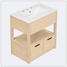 a bathroom vanity with drawers and a sink on it's side, against a white background