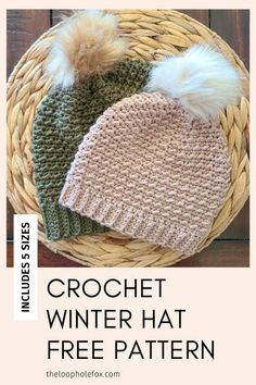 two crochet winter hat free patterns on a basket