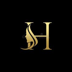 the letter h with a woman's face in gold color on a black background royalty illustration