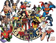 a group of cartoon characters standing in front of a clock with the words dc on it