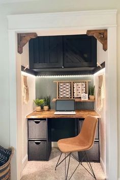 a home office with a desk and chair