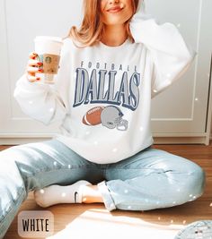 Dallas Sweatshirt | Dallas Football | Cowboy Sweatshirt | Dallas Football Fan | Dallas Fan Gifts ✨ Product Description: This comfortable and stylish crewneck sweatshirt is made from 50% cotton and 50% polyester. It is soft, warm, and durable, making it perfect for everyday wear. The sweatshirt features a crewneck, ribbed cuffs and hem. ✨Washing Instructions: Machine wash cold, inside out. Tumble dry low. Do not iron directly on the print. ✨ Sizing: Please refer to the listing photos for sizing i Game Day White Relaxed Fit Sweatshirt, White Relaxed Fit Sweatshirt For Game Day, White Long Sleeve Sweater For Game Day, White Crew Neck Sweater For Game Day, Trendy Game Day Crew Neck Sweatshirt, Trendy Crew Neck Sweatshirt For Game Day, White Casual Sweatshirt For Game Day, Casual White Sweatshirt For Game Day, Relaxed Fit Sweatshirt With Text Print For Game Day