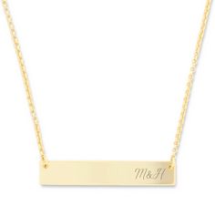 The Engravable Couples Initital Gold Name Bar Necklace is the perfect modern jewelry piece to show off your love. The couple's initial gold bar is personalized by having the first name initial of each person in the couple engraved on the left side of the bar. The petite couple's bar is 1 1/4 inches wide and 1/4 inches tall. Each side of the engraved couple's gold bar is attached to a 16 inch gold rolo chain  with a 2 inch extender. Create a couple's initial necklace to gift for your anniversary! Couple Initial Necklace, Gold Engraved Necklace, Couples Initials, Engraving Fonts, Gold Bar Necklace, Custom Initials, First Name, Gold Bar, Rolo Chain