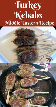 grilled turkey kebabs on skewers in a cast iron skillet