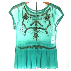 New With Tags Flirty Summer Top By Free People. Beautifully Beaded In A See Through Sea Green Fabric. Beaded Short Sleeve Tops For Summer, Spring Bohemian Sequin Top, Spring Festival Embellished Tops, Bohemian Sequin Top For Spring, Summer Festival Embellished Blouse, Spring Beaded Short Sleeve Top, Beaded Short Sleeve Tops For Spring, Bohemian Embellished Short Sleeve Tops, Bohemian Sequin Tops For Summer