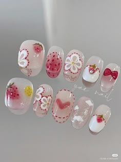 Cute Strawberry pink Nails Nails Hello Kitty, Strawberry Nails, Cover Nails, Kawaii Nail Art, Nail Courses, Kawaii Nails, 3d Cartoon, Cute Nail Designs, Makeup Designs