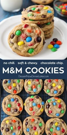 cookies with m & m candy and chocolate chips on top