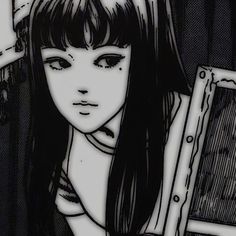 a black and white drawing of a girl with long hair holding a knife in her hand