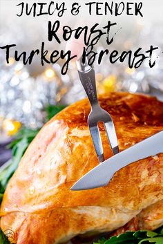 a turkey with a knife and fork stuck in it