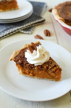 a slice of pecan pie on a white plate