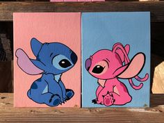 two paintings of cartoon characters painted on canvases, one in pink and the other in blue