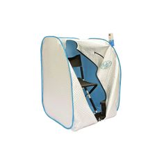 a blue and white chair sitting inside of a bag