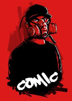 an image of a man with headphones on his face and the word comic written in white