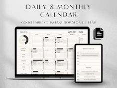 the daily and month calendar is displayed on a computer, tablet and mobile phone next to it