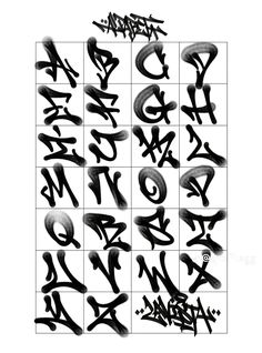 graffiti alphabets and numbers are shown in black ink on a white square tile background