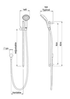 the shower head and handset are shown with measurements