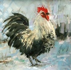 a painting of a rooster standing in the snow