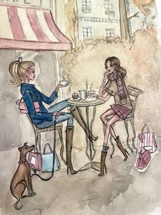 two women sitting at an outdoor table having tea with a dog on the sidewalk in front of them