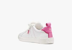 Say hello to your new everyday pair. Made from smooth leather these sporty sneakers feature our signature K logo along the sides. | Kate Spade K As In Kate Court Sneaker, True White/Carousel - 7.5 White Carousel, Kate Spade Sneakers, K Logo, K Logos, Kate Spade Outlet, Sporty Sneakers, Shoe Inspo, Aesthetic Shoes, Carousel