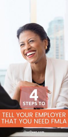 a woman sitting at a desk with the words 4 steps to tell your employee that you need