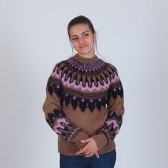 "Warm and soft winter sweater inspired by the movie Don't Look Up. Completely hand knit in a beautiful Icelandic pattern. Composition - 50% wool, 5% mohair wool, 45% acryl. ♡ Sizing ♡ You can find a size chart in the listing images. Alternatively, you can choose the \"Custom\" size if you want me to knit the item according to your measurements. The model in the images wears size M and has the following measurements: * height - 177 cm / 5 feet 10 inches * bust - 92 cm / 36 inches * hips - 96 cm / Brown Fair Isle Sweater For Fall, Pink Fair Isle Pattern Sweater For Fall, Pink Fair Isle Sweater For Fall, Nordic Brown Jacquard Knit Sweater, Hand Knitted Brown Winter Knitting Pattern, Brown Nordic Jacquard Knit Sweater, Cozy Hand Knitted Brown Sweater, Cozy Hand-knitted Brown Sweater, Brown Crew Neck Knitted Sweater