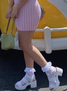 Wedge Heel Outfit, Socks With Sandals Aesthetic, Frilly Socks Aesthetic Outfit, Heels With Frilly Socks, Loafers And Frilly Socks, Heels With Socks Outfit, Frilly Socks And Heels, Loafers Frilly Socks, White Chunky Sandals