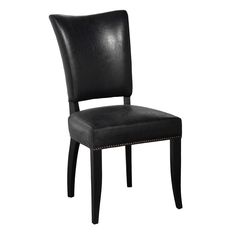 a black leather chair with studding on the legs and backrest, against a white background