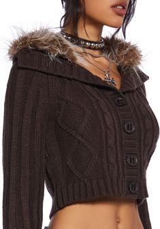 Current Mood Cable Knit Long Sleeve Cropped Jacket With Faux Fur Trim - Brown – Dolls Kill Knit Jacket Outfit, Mini Jacket, Warm Fall Outfits, Cute Winter Coats, Winter Style Guide, Fur Costume, Current Mood Clothing, Fur Clothing, Skirts With Boots