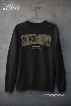 Richmond Virginia Unisex Crewneck Sweatshirt SIZING: Please see the picture in the slide show of the listing for a size chart with dimensions. FABRICATION: :.Gildan Unisex Heavy Blend™ Crewneck Sweatshirt .:50% pre-shrunk cotton, 50% polyester .:Loose fit .:Runs true to size PRODUCTION + SHIPPING: At Cyclonicwer our top priority after customer satisfaction is making high quality, durable, eco-friendly products. That is why every item is made and printed in the USA using the latest DTG print tech Collegiate Crew Neck Sweatshirt With Logo, College Logo Print Crew Neck Sweatshirt, Collegiate Crew Sweatshirt Pre-shrunk, Collegiate Crew Sweatshirt, Pre-shrunk, Fan Apparel Sweatshirt With Ribbed Cuffs And Crew Neck, Collegiate Crew Sweatshirt With Letter Print, Sports Season Sweatshirt With Text Print And Crew Neck, Fan Apparel Sweater With Letter Print, Fan Merchandise Letter Print Relaxed Fit Sweatshirt